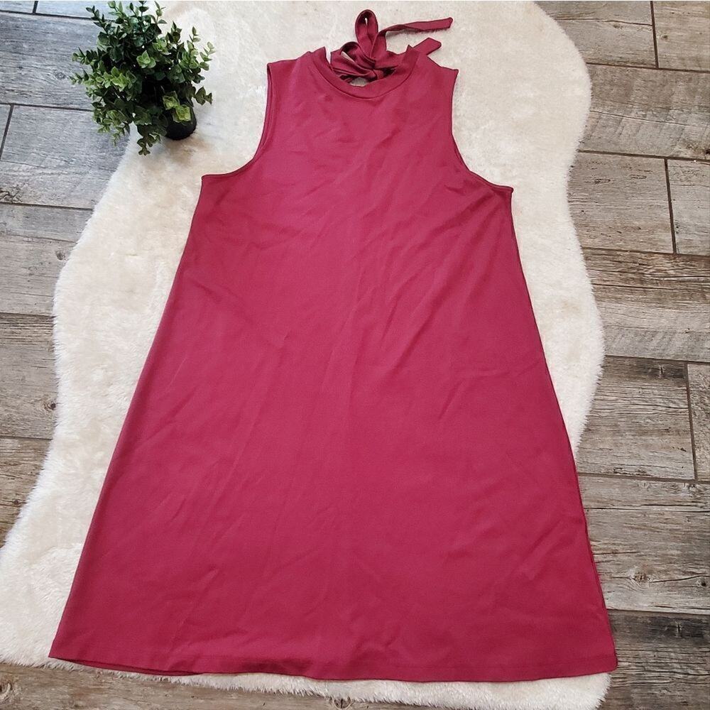 Halogen Berry Pink Mock Turtleneck Sleeveless Dress with Bow Tie, X-Large